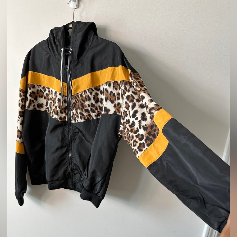 Black & Leopard Print Windbreaker Hooded Track Jacket With Pockets Size L - Picture 10 of 11